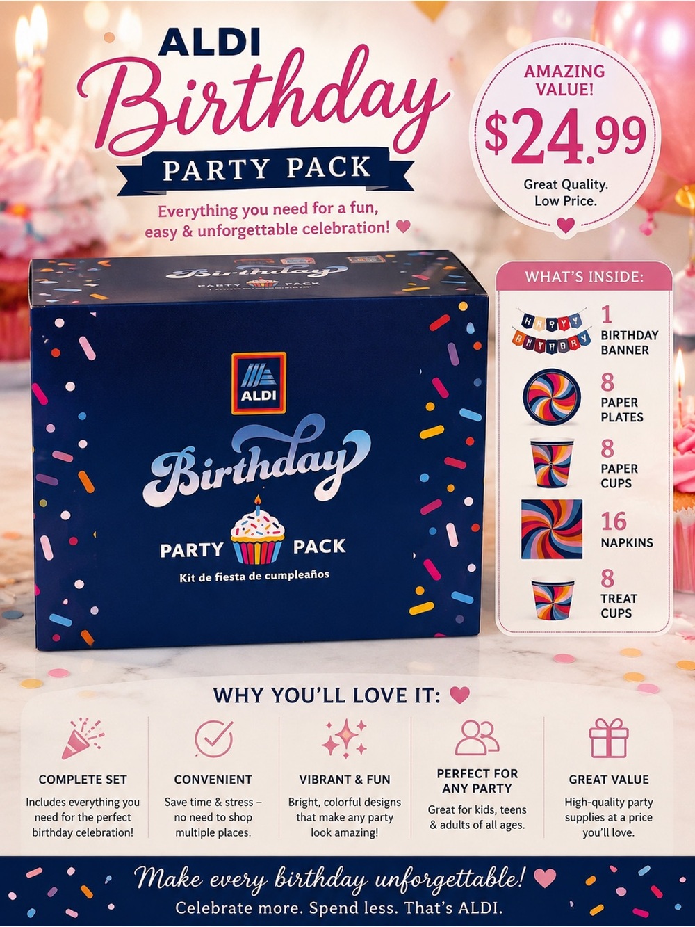 ALDI Birthday Party Pack - Navy Blue Confetti Disposable Tableware